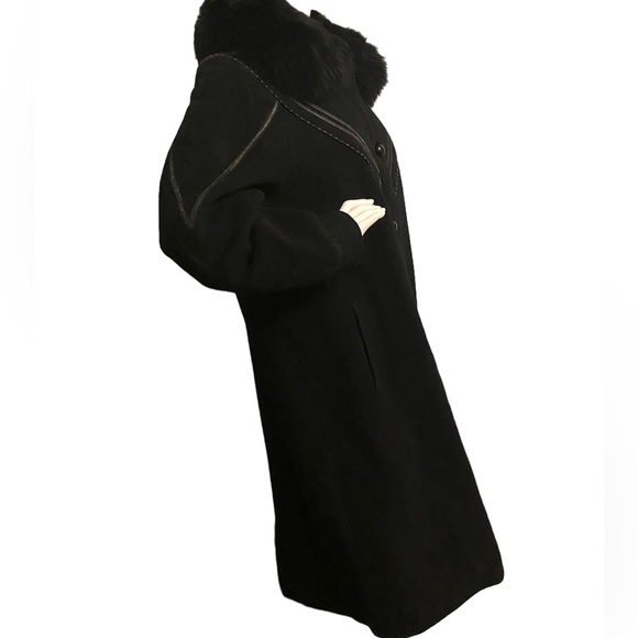 Vintage 70s 80s Fur Wool Pea Trench Coat Long Leather Inserts Button Down Warm - Picture 12 of 16